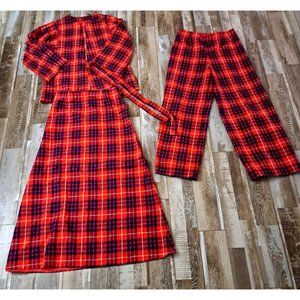 Womens VTG Maxi Plaid Pant Skirt Set W Blazer Tie Red Blue Wool Handmade 60s M